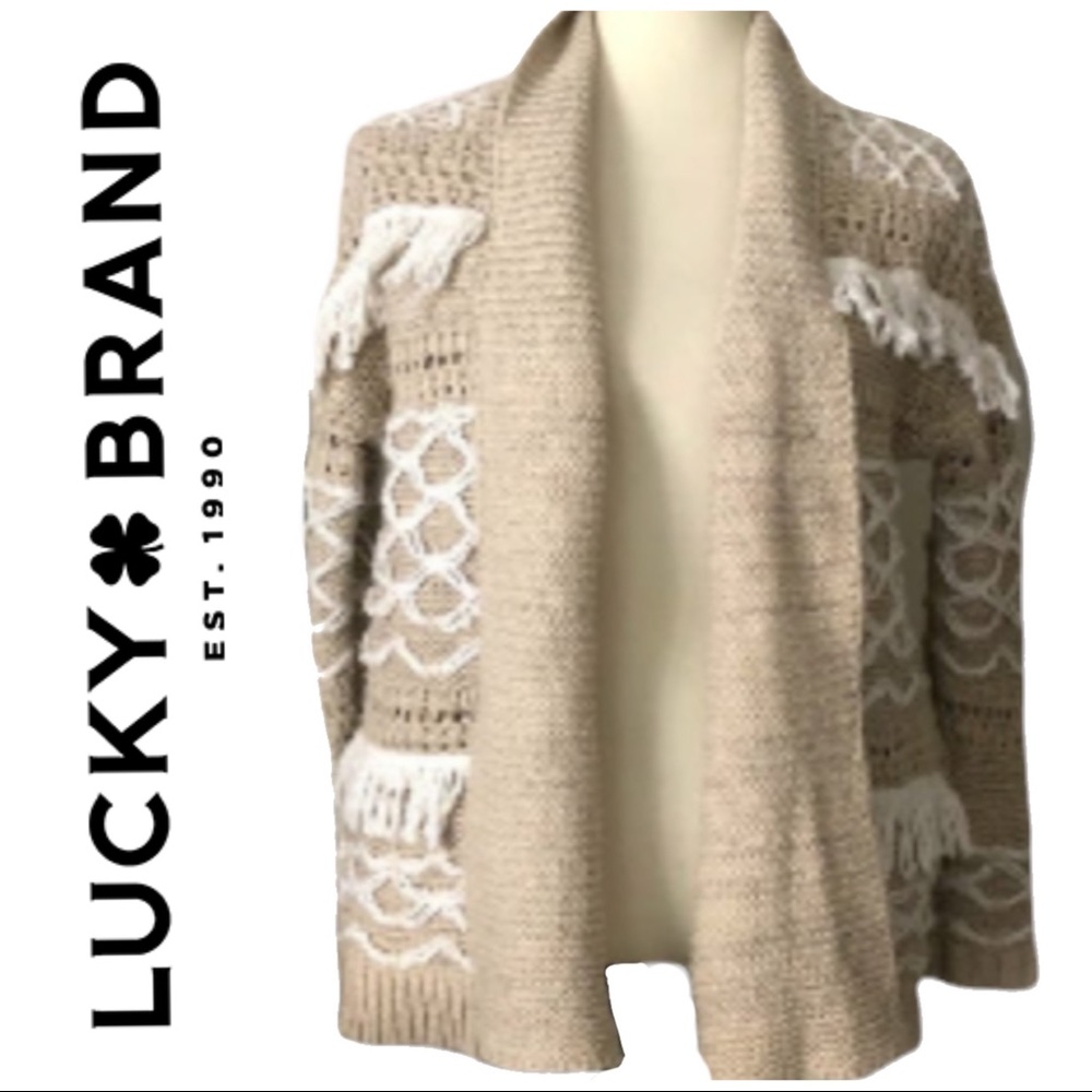 SW102 Lucky Brand Beige & White Cozy Cardigan Fringe Detail Size XS